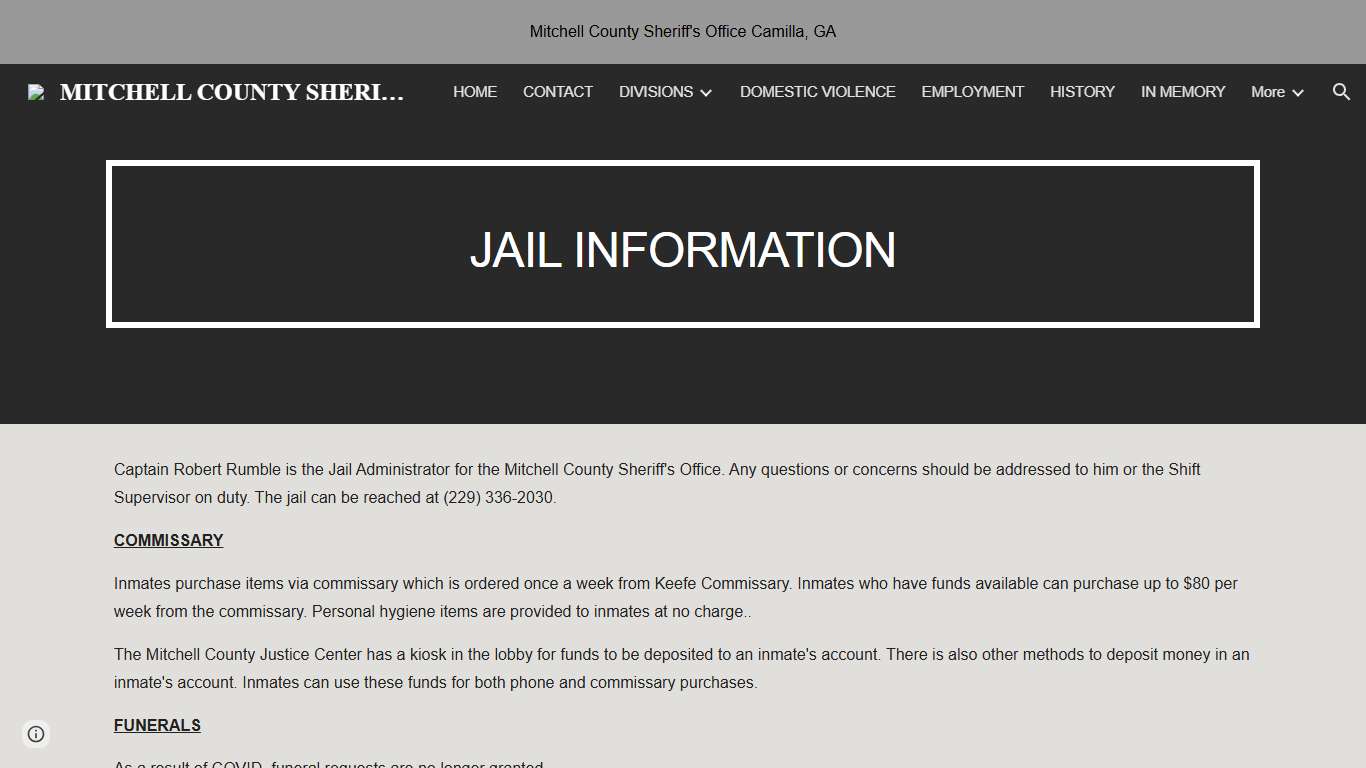 MITCHELL COUNTY SHERIFF'S OFFICE - JAIL INFORMATION